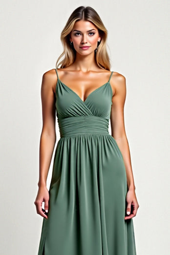 A Line Eucalyptus Chiffon Long Bridesmaid Dress with Slit