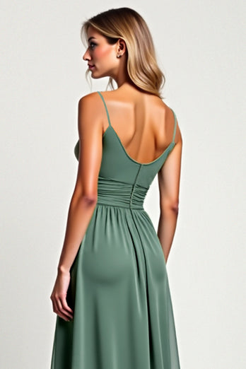 A Line Eucalyptus Chiffon Long Bridesmaid Dress with Slit