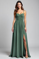 Load image into Gallery viewer, Eucalyptus A Line Long Ruched Bridesmaid Dress with Slit