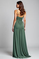 Load image into Gallery viewer, Eucalyptus A Line Long Ruched Bridesmaid Dress with Slit