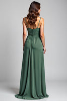 Load image into Gallery viewer, Eucalyptus A Line Long Ruched Bridesmaid Dress with Slit