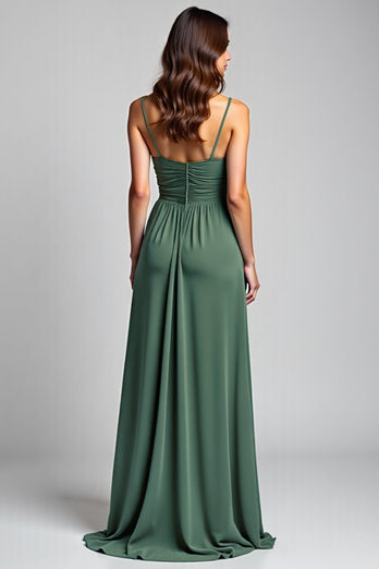Eucalyptus A Line Long Ruched Bridesmaid Dress with Slit