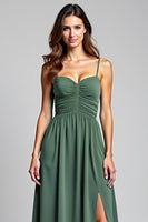 Load image into Gallery viewer, Eucalyptus A Line Long Ruched Bridesmaid Dress with Slit