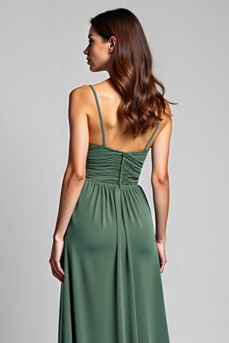 Load image into Gallery viewer, Eucalyptus A Line Long Ruched Bridesmaid Dress with Slit