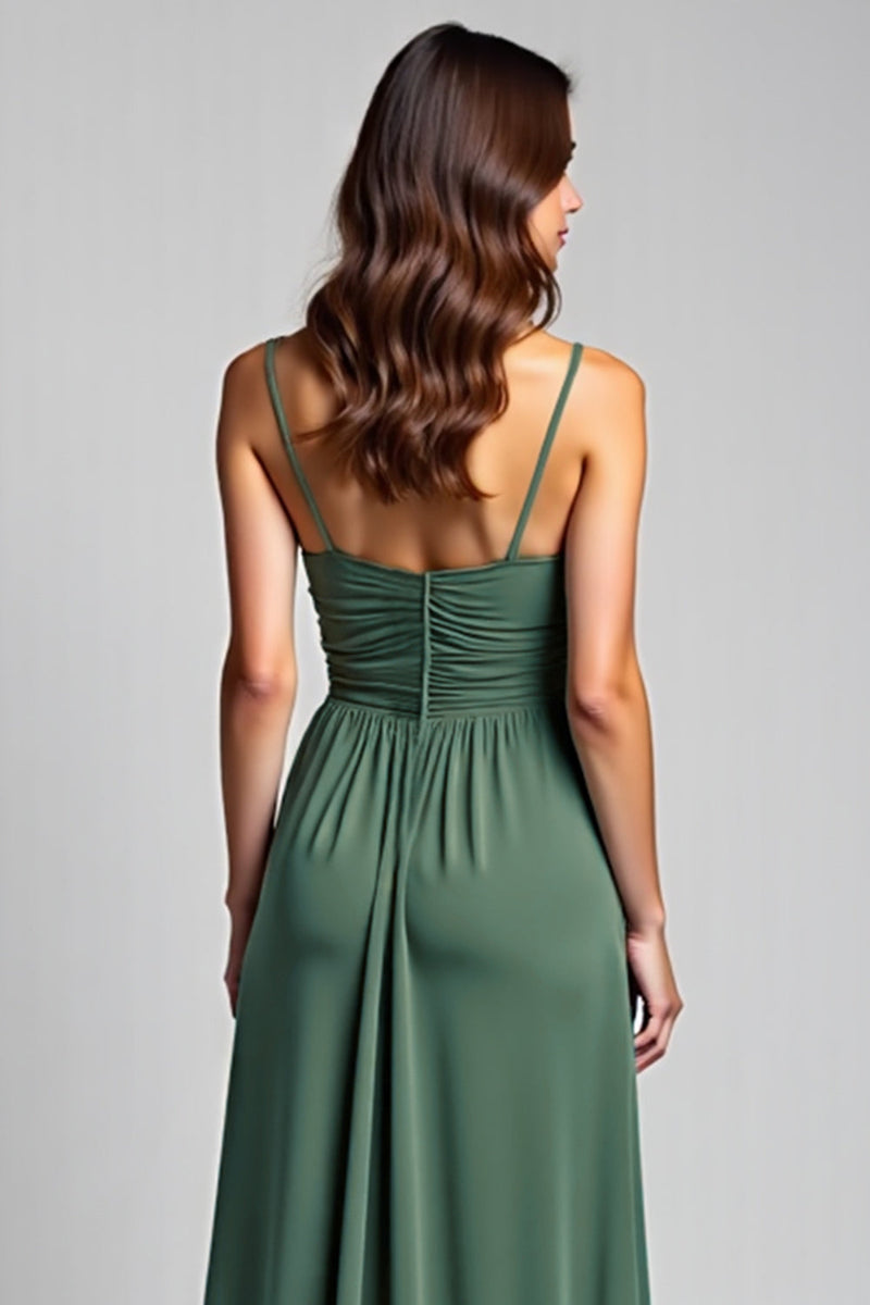 Load image into Gallery viewer, Eucalyptus A Line Long Ruched Bridesmaid Dress with Slit