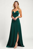 Load image into Gallery viewer, Pine V-Neck Long Satin Bridesmaid Dress with Slit