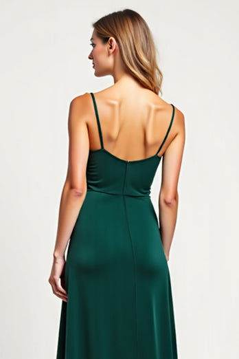 Pine V-Neck Long Satin Bridesmaid Dress with Slit