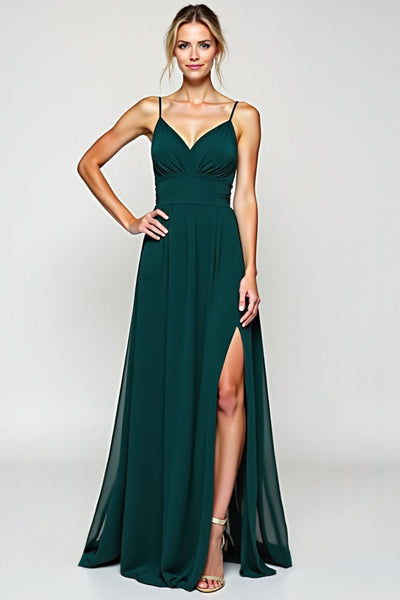 Pine A Line Long Chiffon Bridesmaid Dress with Slit
