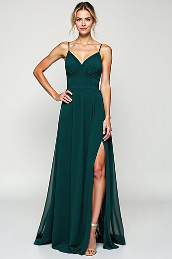 Pine A Line Long Chiffon Bridesmaid Dress with Slit