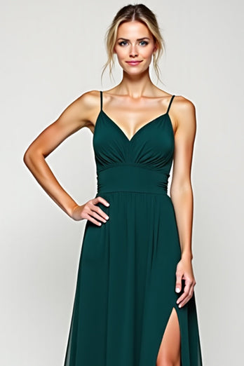 Pine A Line Long Chiffon Bridesmaid Dress with Slit