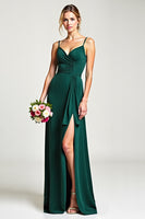 Load image into Gallery viewer, V-Neck Pine Long Ruffled Bridesmaid Dress with Slit