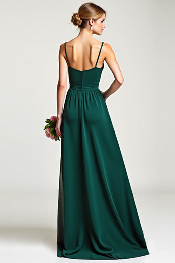 V-Neck Pine Long Ruffled Bridesmaid Dress with Slit