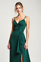 Load image into Gallery viewer, V-Neck Pine Long Ruffled Bridesmaid Dress with Slit