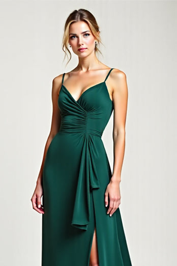 V-Neck Pine Long Ruffled Bridesmaid Dress with Slit