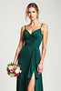 Load image into Gallery viewer, V-Neck Pine Long Ruffled Bridesmaid Dress with Slit