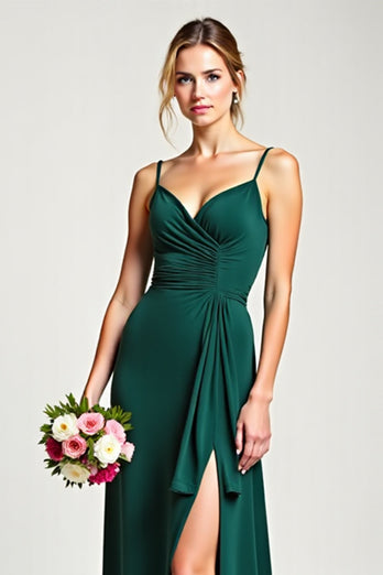 V-Neck Pine Long Ruffled Bridesmaid Dress with Slit