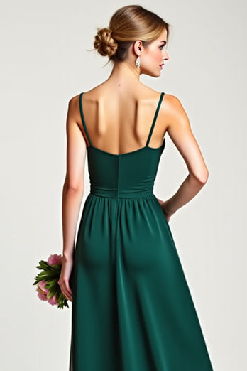V-Neck Pine Long Ruffled Bridesmaid Dress with Slit
