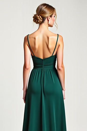 V-Neck Pine Long Ruffled Bridesmaid Dress with Slit
