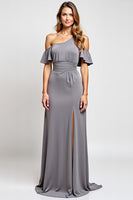 Load image into Gallery viewer, Grey One Shoulder Sheath Long Bridesmaid Dress with Slit