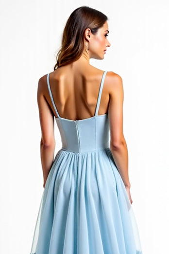A Line Sky Blue Backless Long Bridesmaid Dress