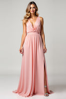 Load image into Gallery viewer, Blush Pink V-Neck A Line Long Bridesmaid Dress with Slit