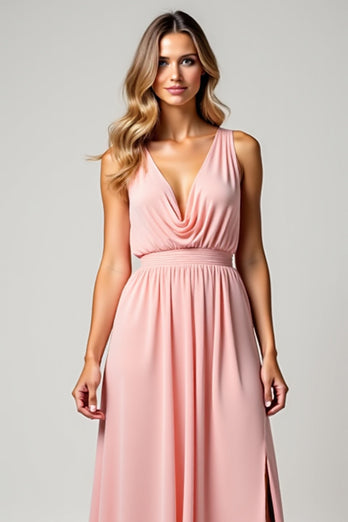 Blush Pink V-Neck A Line Long Bridesmaid Dress with Slit