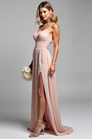 Load image into Gallery viewer, Dusty Rose Chiffon Backless Long Bridesmaid Dress with Slit