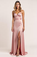 Load image into Gallery viewer, Blush Pink Sheath Satin Long Bridesmaid Dress with Slit