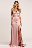 Load image into Gallery viewer, Blush Pink Sheath Satin Long Bridesmaid Dress with Slit