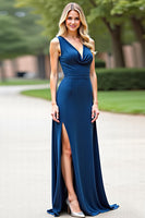 Load image into Gallery viewer, Blue Deep V-Neck Sleeveless Long Bridesmaid Dress with Slit
