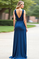 Load image into Gallery viewer, Blue Deep V-Neck Sleeveless Long Bridesmaid Dress with Slit