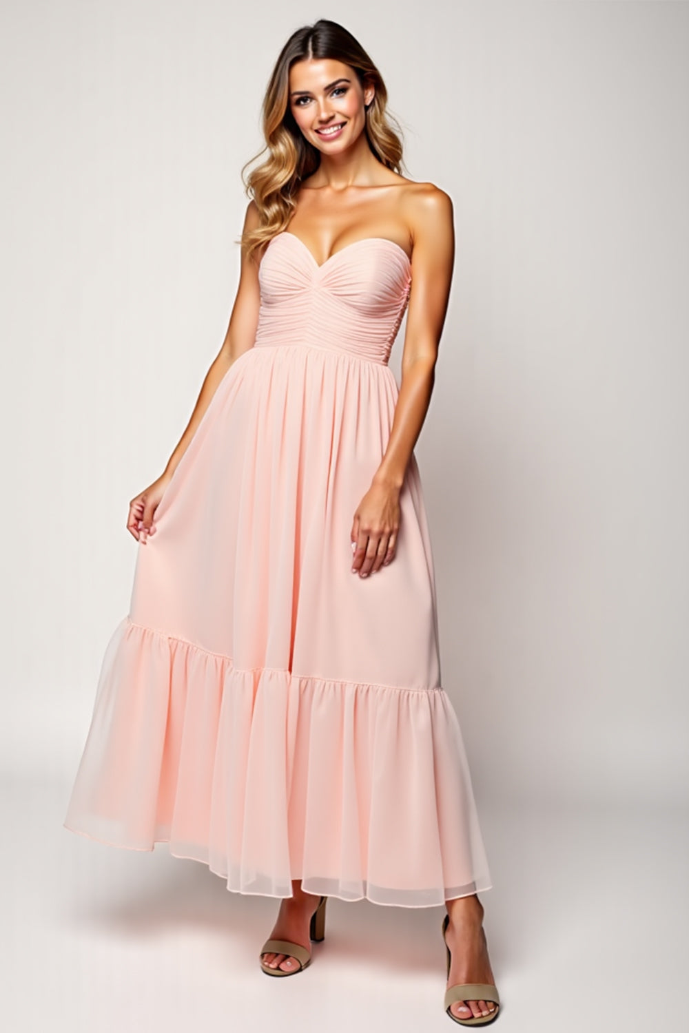 Sweetheart Blush Pink A Line Long Bridesmaid Dress