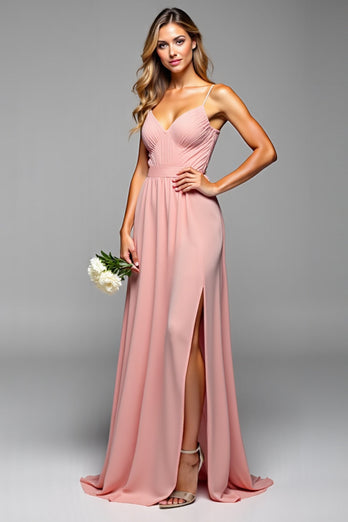A Line Blush Pink Spaghetti Straps Long Bridesmaid Dress with Slit