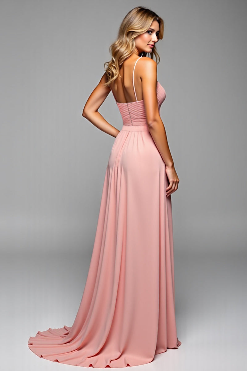 Load image into Gallery viewer, A Line Blush Pink Spaghetti Straps Long Bridesmaid Dress with Slit