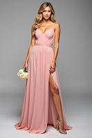 Load image into Gallery viewer, A Line Blush Pink Spaghetti Straps Long Bridesmaid Dress with Slit