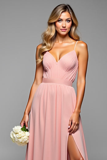 A Line Blush Pink Spaghetti Straps Long Bridesmaid Dress with Slit