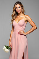 Load image into Gallery viewer, A Line Blush Pink Spaghetti Straps Long Bridesmaid Dress with Slit