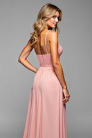 Load image into Gallery viewer, A Line Blush Pink Spaghetti Straps Long Bridesmaid Dress with Slit