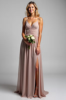 Load image into Gallery viewer, Dusty Rose Chiffon V-Neck Long Bridesmaid Dress with Slit