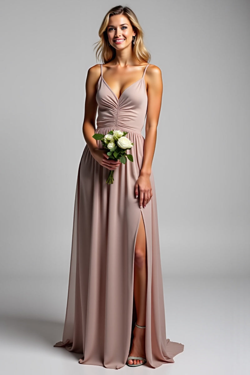Load image into Gallery viewer, Dusty Rose Chiffon V-Neck Long Bridesmaid Dress with Slit