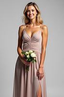 Load image into Gallery viewer, Dusty Rose Chiffon V-Neck Long Bridesmaid Dress with Slit