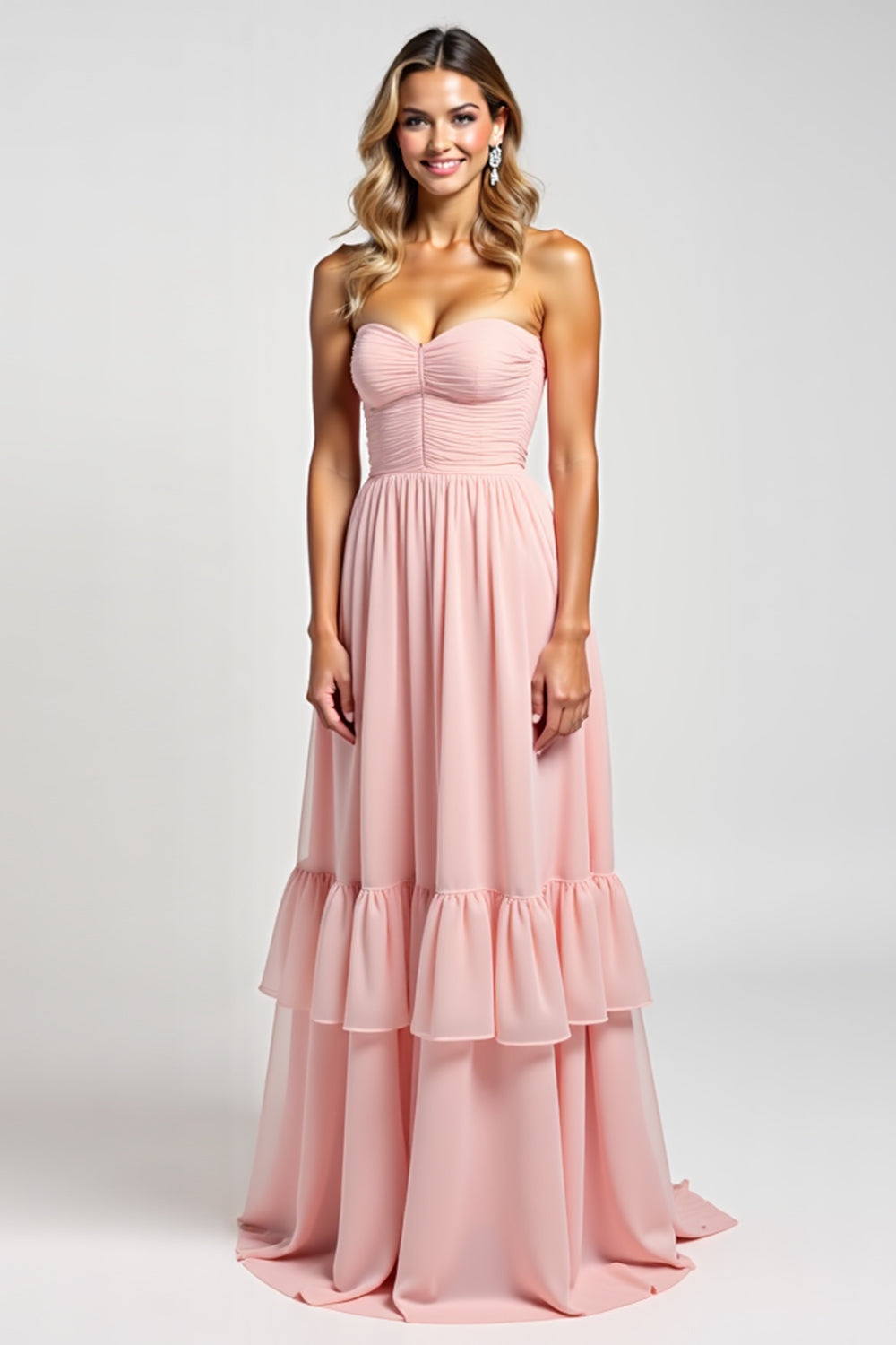Blush Pink A Line Strapless Long Bridesmaid Dress