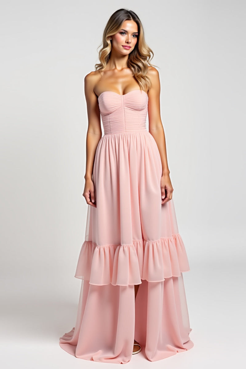 Load image into Gallery viewer, Blush Pink A Line Strapless Long Bridesmaid Dress