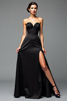 Load image into Gallery viewer, Black A Line Strapless Long Formal Dress with Slit