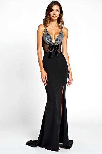 Black Mermaid V-Neck Bow Long Beaded Formal Dress with Slit