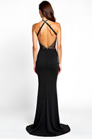 Load image into Gallery viewer, Black Mermaid V-Neck Bow Long Beaded Formal Dress with Slit