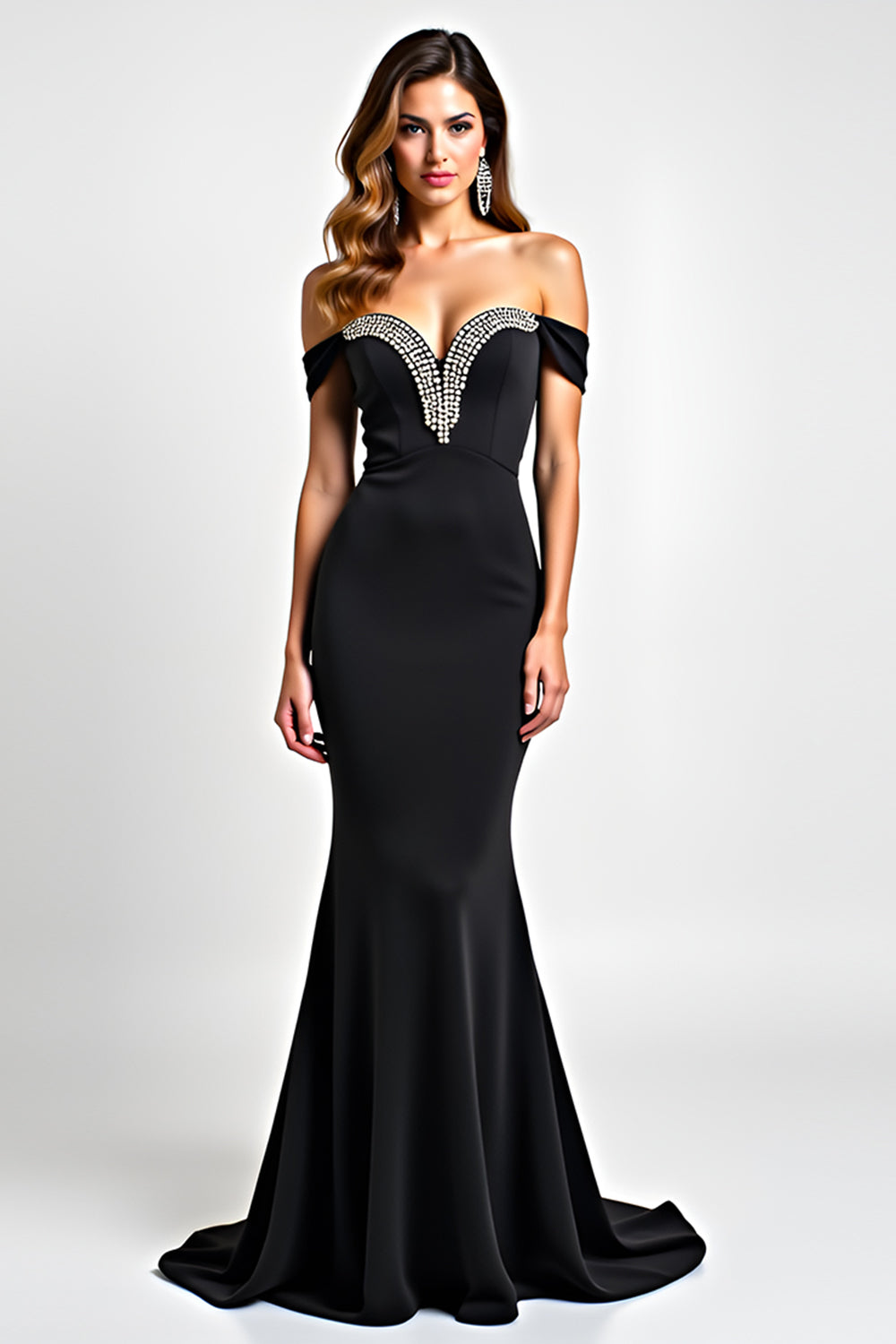 Black Mermaid Off the Shoulder Cut-Out Beaded Long Formal Dress