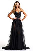 Load image into Gallery viewer, Black A Line Long Tulle Strapless Beaded Formal Dress
