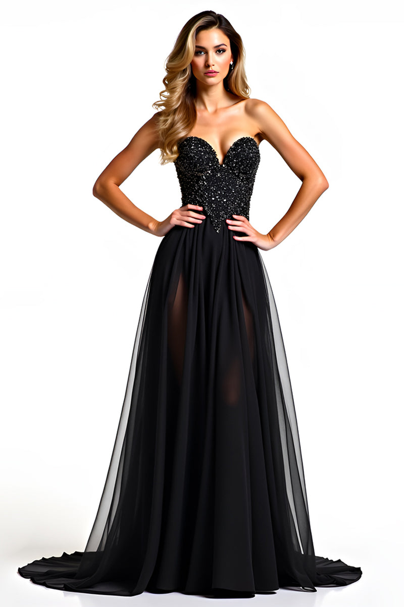 Load image into Gallery viewer, Black A Line Long Tulle Strapless Beaded Formal Dress