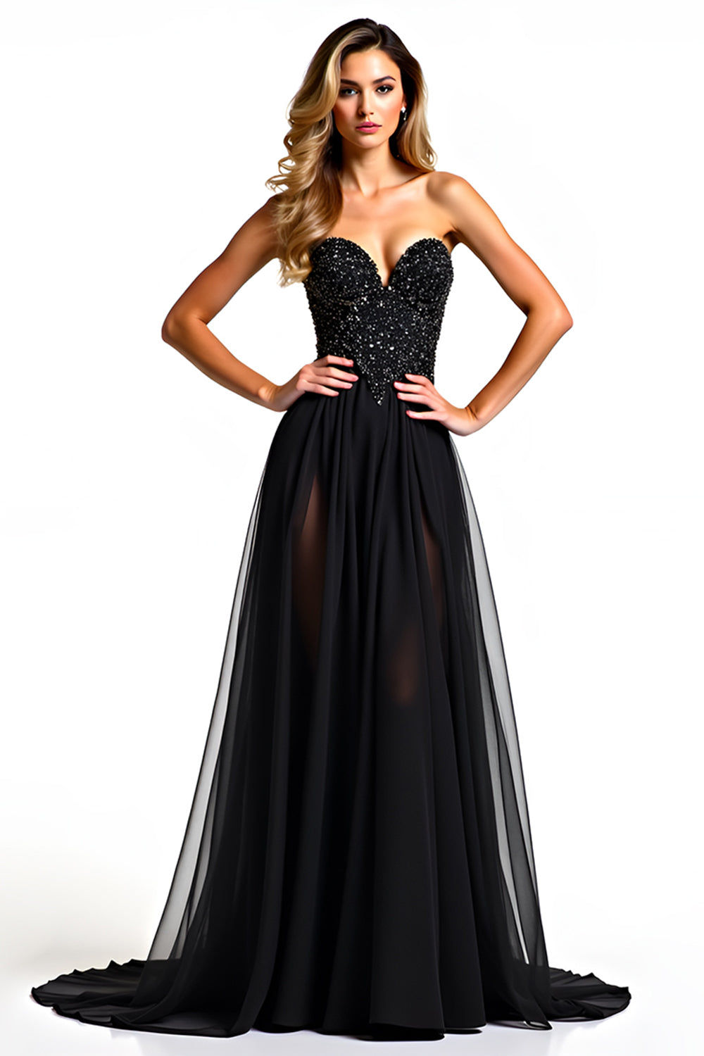 Black A Line Long Tulle Strapless Beaded Formal Dress